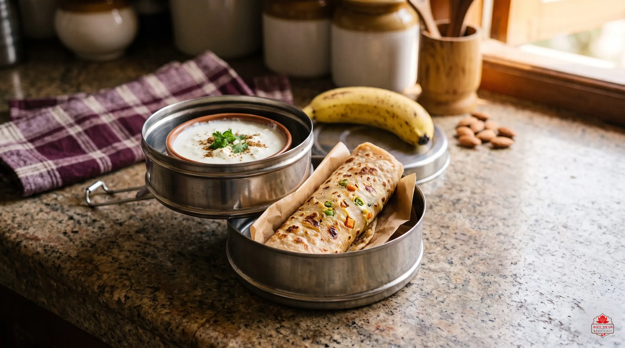 A steel tiffin box packed with a paratha roll, curd, a banana and almonds