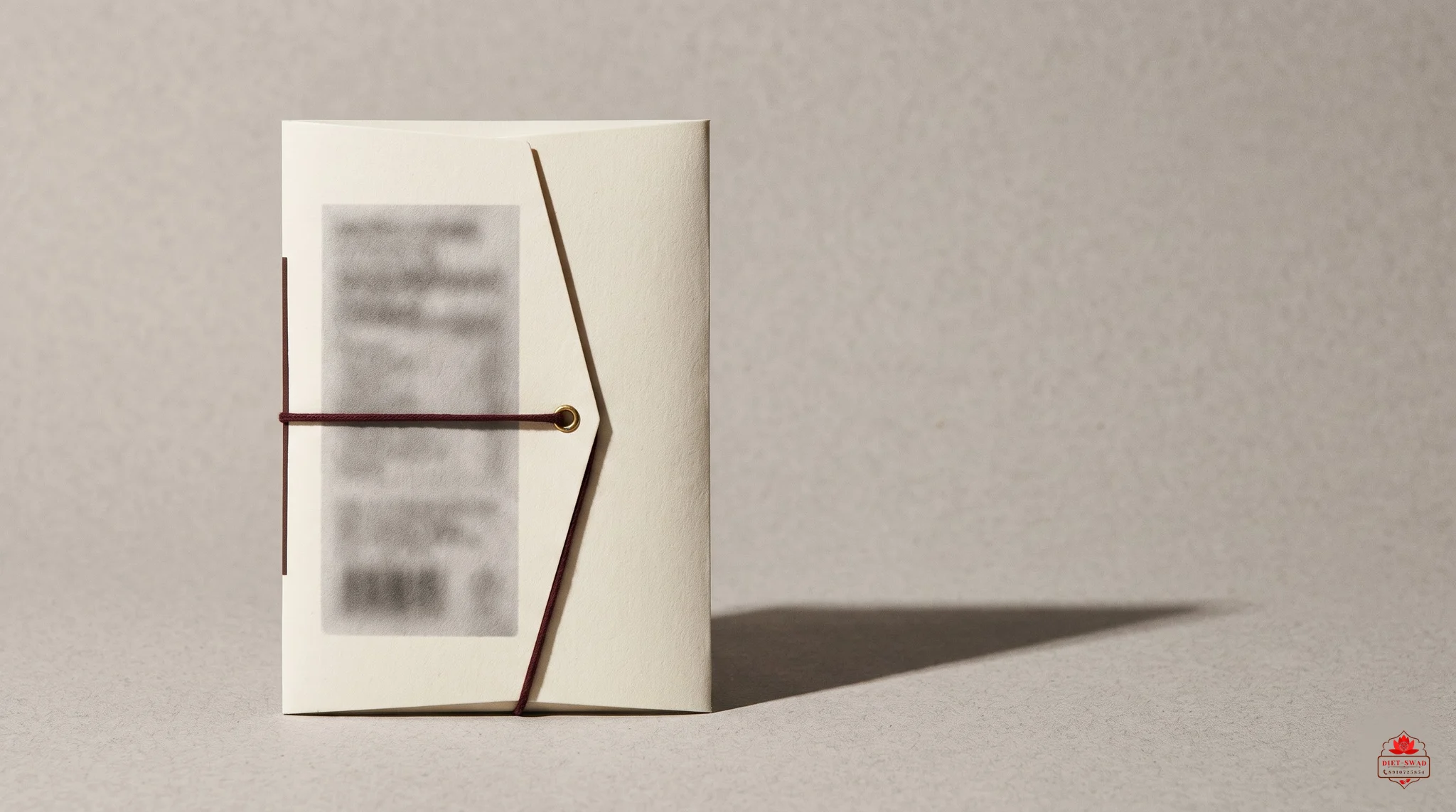 A plain cream folder tied with maroon cord, its printed label blurred to illegibility