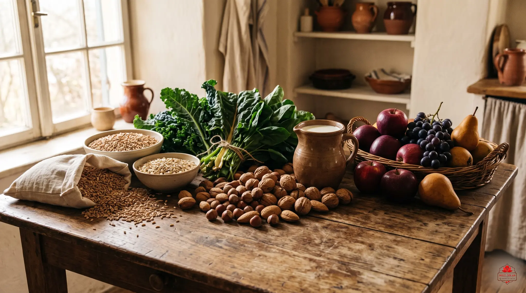 A rustic table laid with whole unprocessed foods, including greens, fruit, nuts, grain and a jug of milk