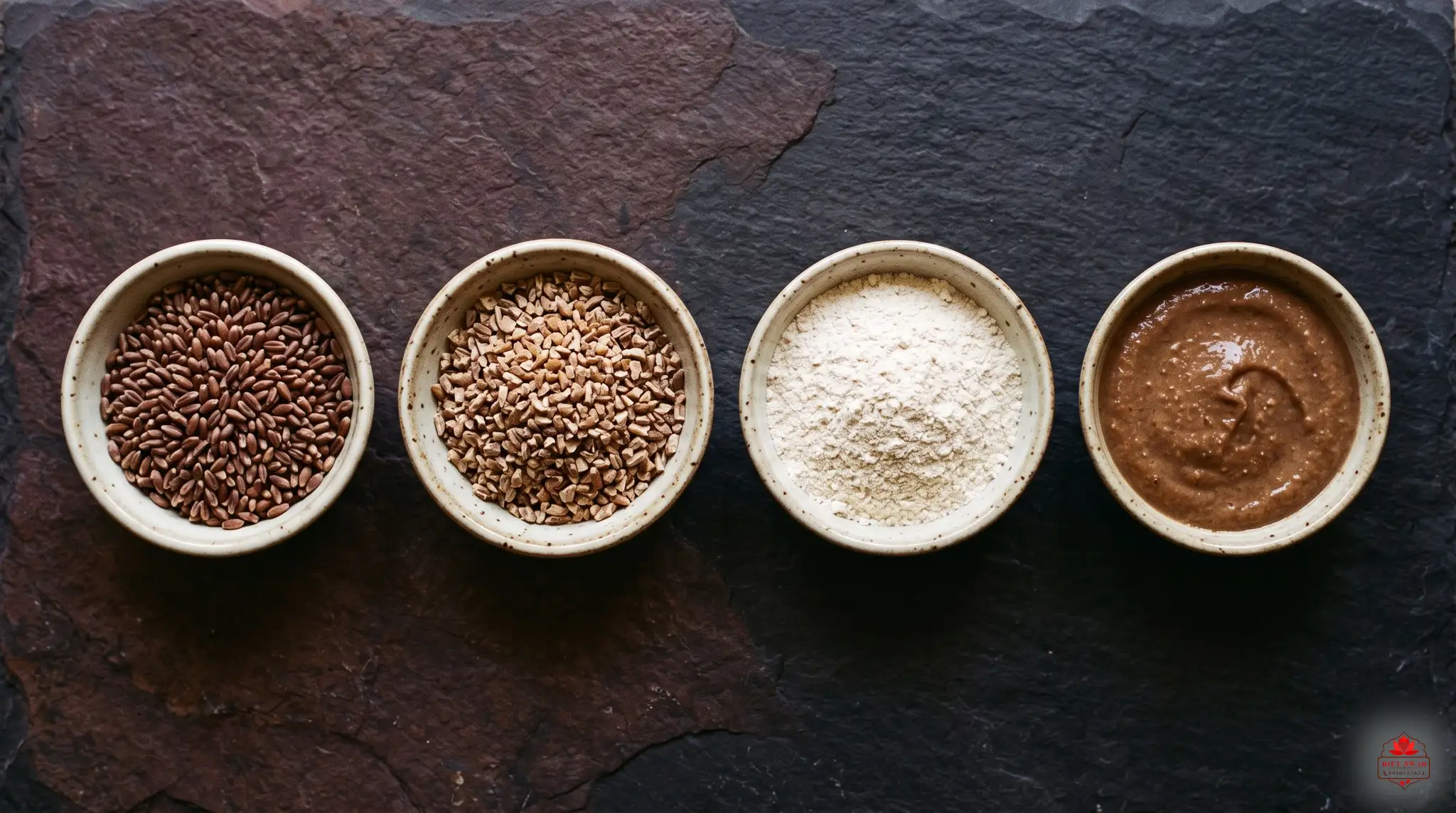 Four bowls showing one grain through the stages of processing, from whole seed to cracked grain to flour to paste